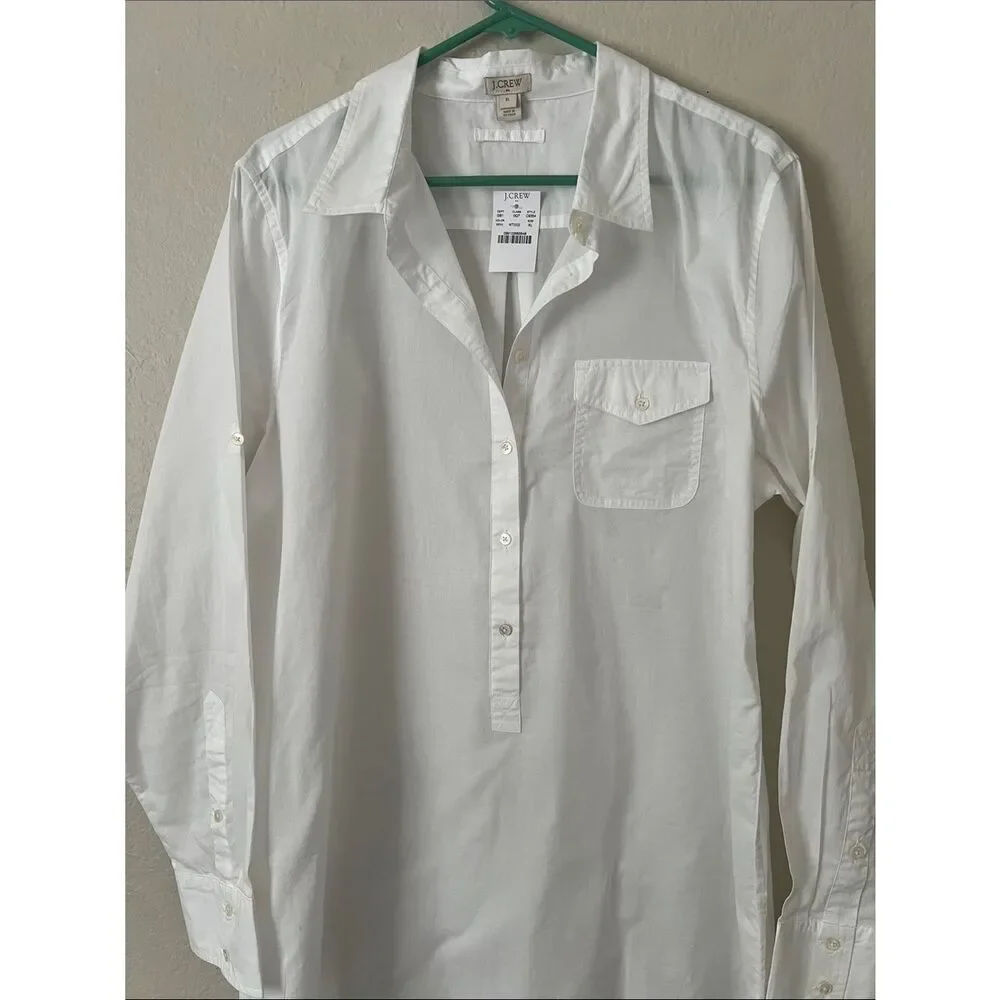 NWT J. Crew Men’s White Long-Sleeve 3/4 Button-Down Popover Shirt 100% Cotton XL